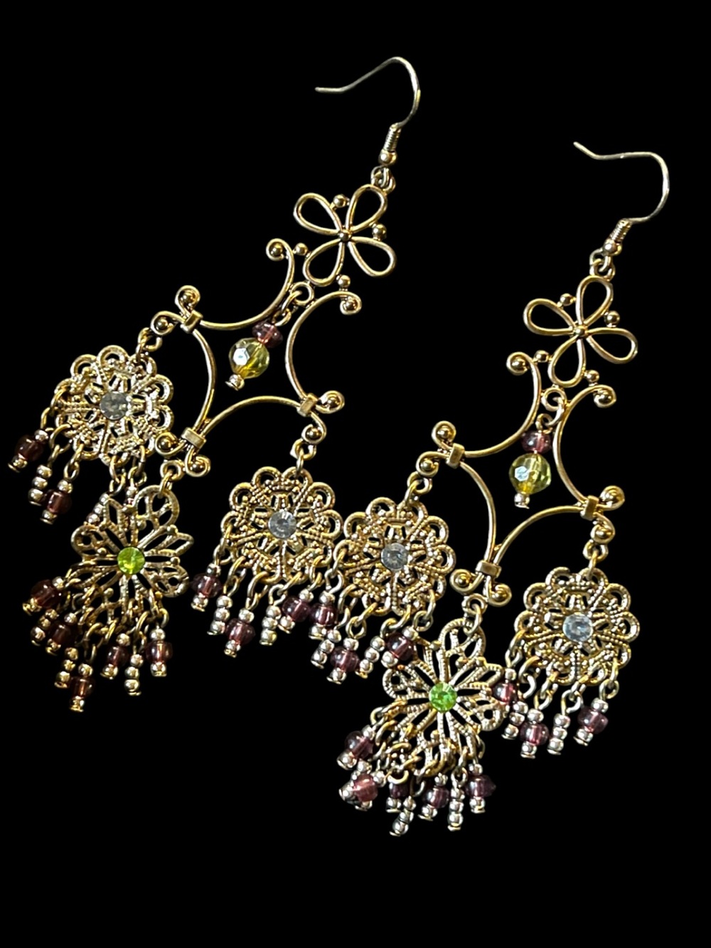 Chandelier 4” Gold Tone Pink Green Glass Bead Dangle Earrings